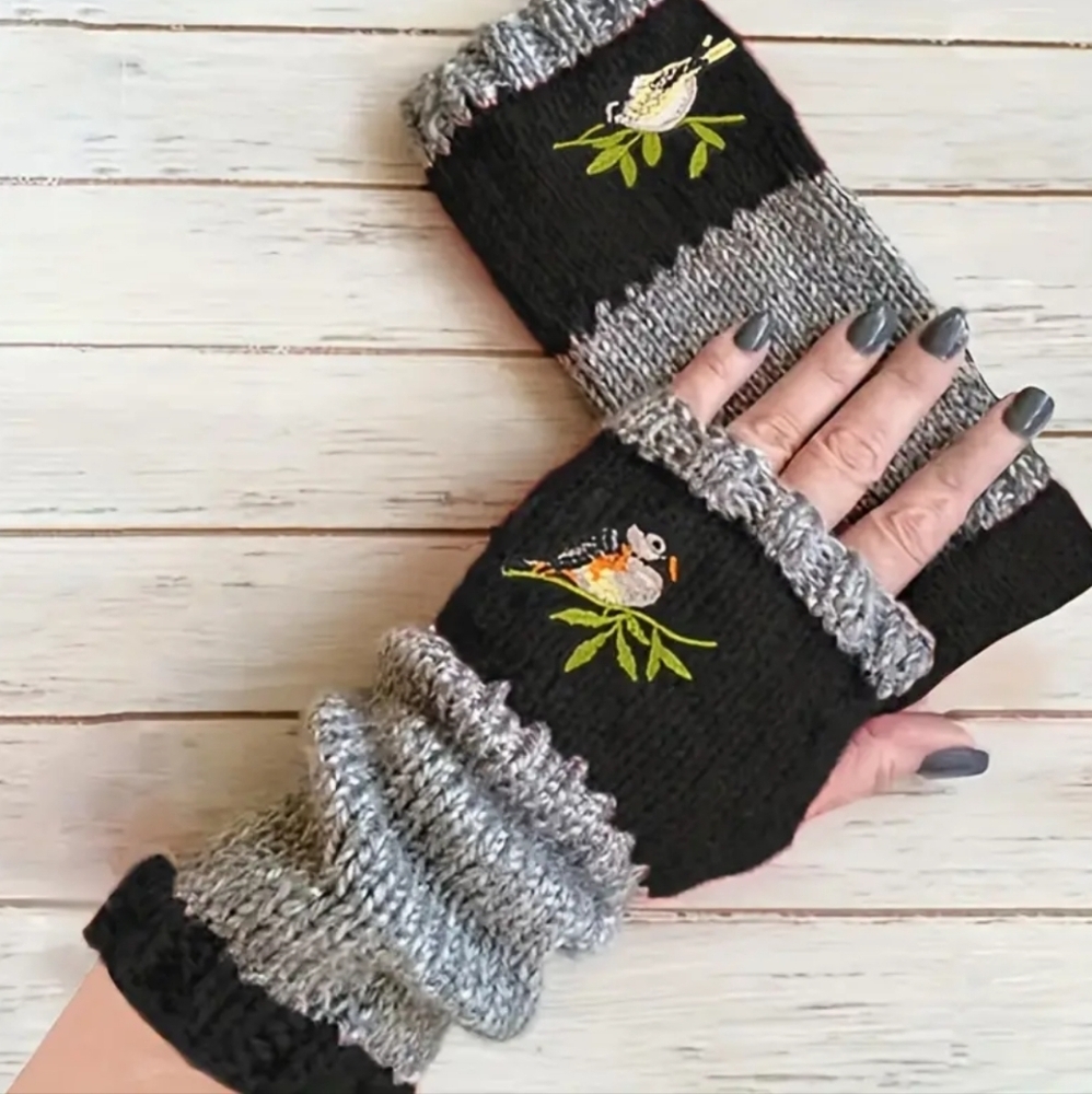 Gift Fall Winter‎ Black and gray embroidered birds fingerless gloves (#1,045)(D)